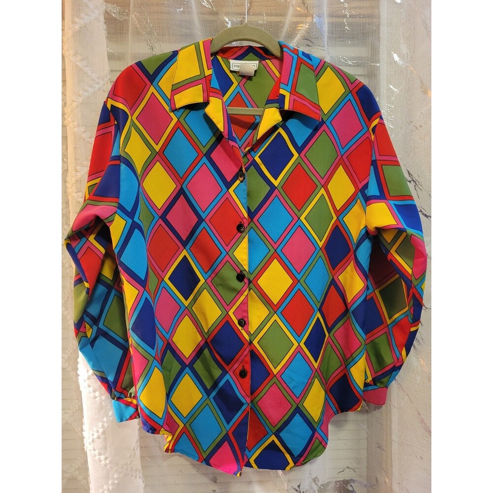 Women’s Multicolor Geometric Diamond Print Button Down Blouse Long Sleeve Retro